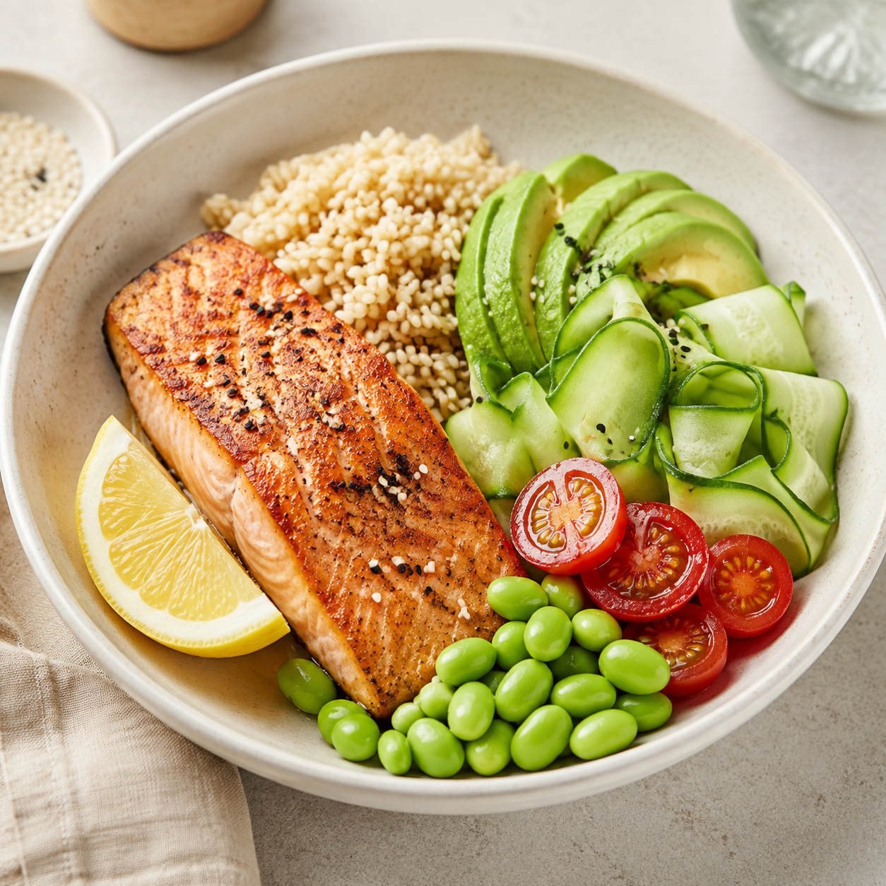 Salmon, avocado, grains and fresh vegetables in a bowl