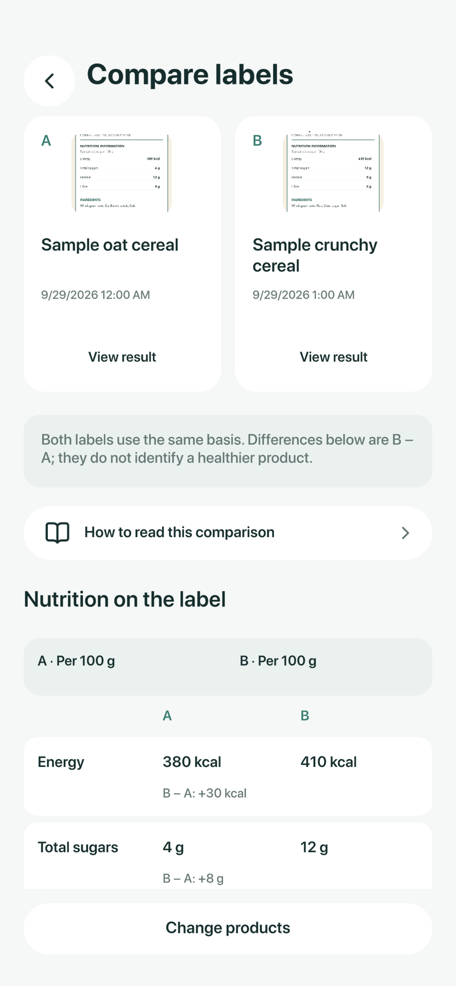 English LabelCue comparison screen with two sample foods and nutrition values on the same basis.