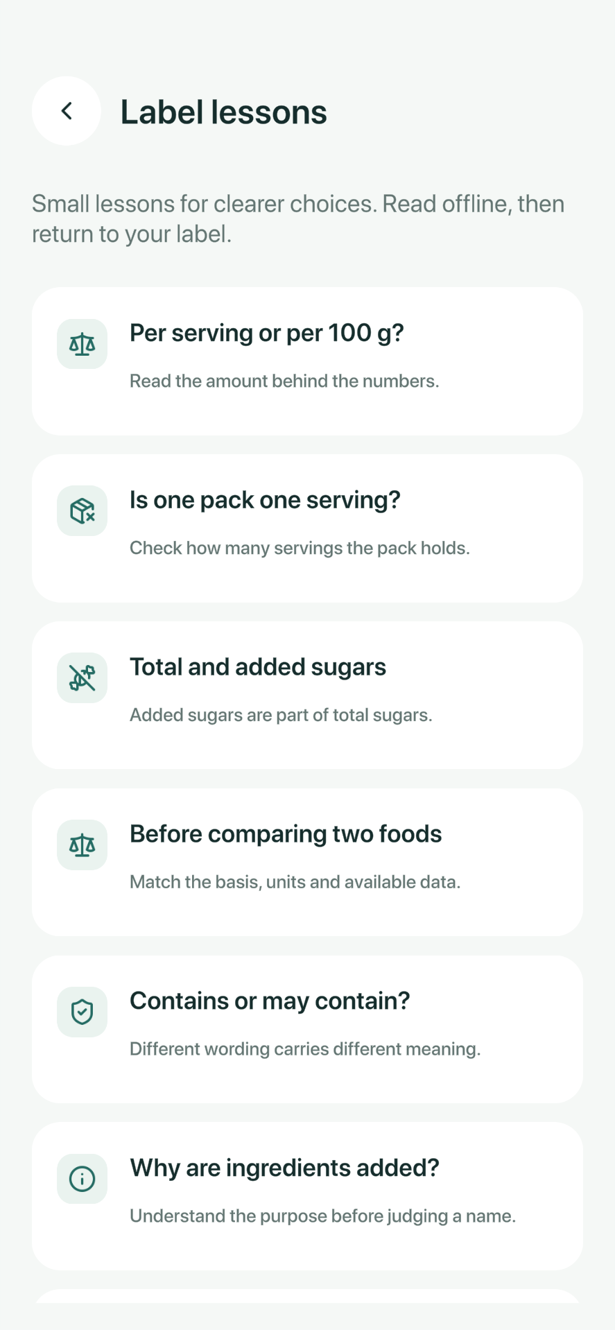 LabelCue English learning screen with short lessons about understanding food labels.