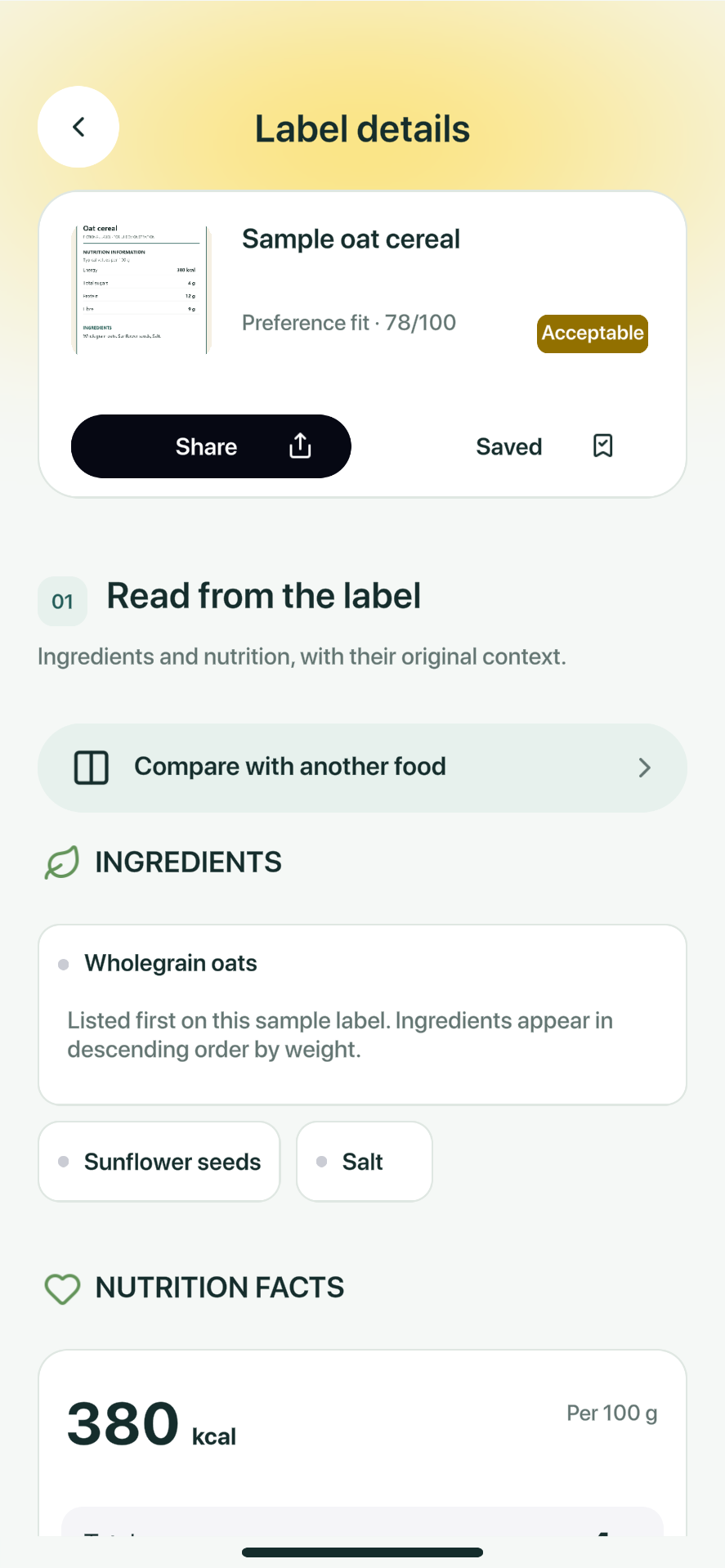 LabelCue English app preview showing food ingredients, explanations and original label evidence.