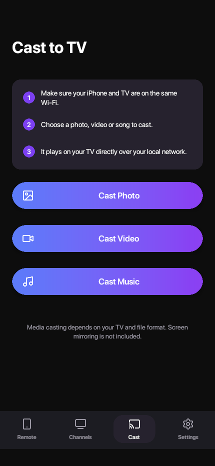 Media casting screen with options for photos and video.