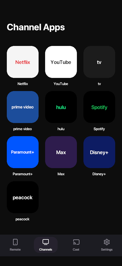 TV app shortcuts shown in the Channels screen.