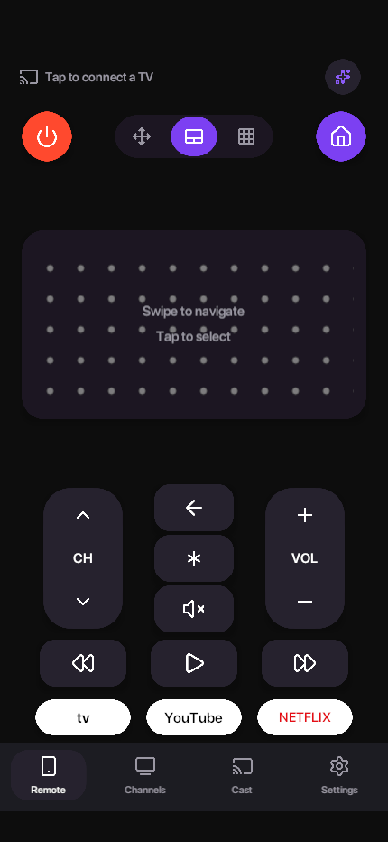 Touchpad mode with a large gesture area and everyday remote controls.